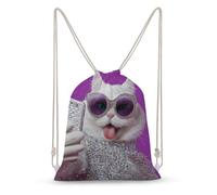Jubonexis Sac à dos léger en toile avec cordon de serrage, motif chat blanc portant des lunettes de soleil et diamants argentés pour homme et femme