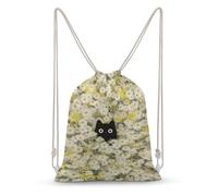 Jubonexis Sac à dos léger en toile avec cordon de serrage, motif chat noir qui sort du champ de marguerites, sac de sport pour homme et femme