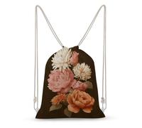 Jubonexis Sac à dos léger en toile avec cordon de serrage, motif roses, pivoines et chrysanthèmes sur fond marron foncé pour homme et femme