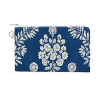 Jubonexis Sac portefeuille en toile, bloc folklorique crème sur imprimé bleu, porte-monnaie à fermeture éclair, petit sac à cosmétiques