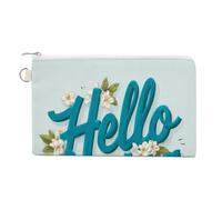 Jubonexis Sac portefeuille en toile, Hello Spring bleu police blanche imprimé fleur porte-monnaie, porte-monnaie à fermeture éclair, petite trousse de maquillage