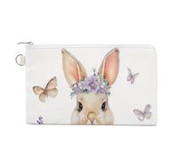 Jubonexis Sac portefeuille en toile, lapin de Pâques avec bandeau floral lavande, porte-monnaie, porte-monnaie à fermeture éclair, petite trousse de maquillage