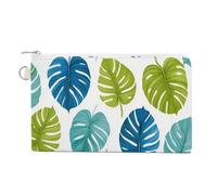 Jubonexis Sac portefeuille en toile, motif feuilles de palmier monstera vert et bleu, porte-monnaie à fermeture éclair, petit sac à cosmétiques