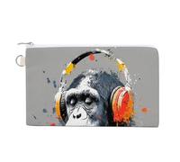 Jubonexis Sac portefeuille en toile, motif gorilles portant des écouteurs, porte-monnaie, porte-monnaie à fermeture éclair, petit sac à cosmétiques