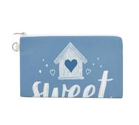 Jubonexis Sac portefeuille en toile, mots mignons dessinés à la main Sweet Home sur imprimé bleu, porte-monnaie à fermeture éclair, petit sac à cosmétiques