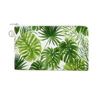 Jubonexis Sac portefeuille en toile, porte-monnaie imprimé Monstera et palmiers, feuilles vertes, porte-monnaie à fermeture éclair, petite trousse de maquillage