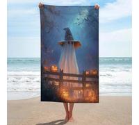 Jubonexis Serviette de plage en microfibre anti-sable avec fantôme d'Halloween perché derrière une clôture en bois, grande serviette de douche multi-usages absorbante pour salle de bain et piscine 130