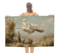 Jubonexis Serviette de plage vintage en microfibre anti-sable avec fantôme d'Halloween volant sur balai, grande serviette de douche multi-usages absorbante pour salle de bain piscine 130 x 80 cm