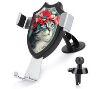 Jubonexis Support de téléphone de voiture en forme de chat tigré gris avec couronne florale - Support triangulaire à clip pour grille d'aération - Accessoires automobiles pour smartphones de 4 à 6