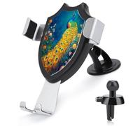 Jubonexis Support de téléphone de voiture motif paon fantaisie avec plumes dorées - Support triangulaire à clip pour grille d'aération - Accessoires automobiles pour smartphones de 4 à 6 pouces