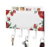 Jubonexis Support mural aquarelle rose rouge floral feuilles vertes avec 5 crochets en acrylique pour la maison, le bureau, l'entrée