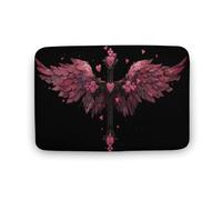 Jubonexis Tapis de porte de salle de bain en velours corail extra doux, absorption rapide de l'eau, antidérapant et confortable, motif croix noire avec ailes roses et cœurs, 40 x 60 cm