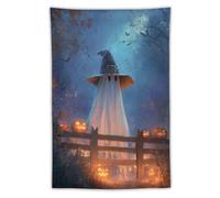 Jubonexis Tapisserie d'Halloween fantôme perché derrière une clôture en bois - En polyester - Esthétique - À suspendre au mur - Pour chambre à coucher, salon, dortoir - 101,6 x 152,4 cm