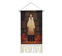Jubonexis Tapisserie murale en lin, femme squelette portant un manteau blanc, bottes rouges, affiche murale vintage avec pompon et tige de suspension en bois