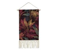Jubonexis Tapisserie murale en lin, feuilles de palmier dorées et plantes tropicales, affiche murale vintage avec pompon et tige de suspension en bois