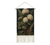 Jubonexis Tapisserie murale en lin, hortensias botaniques vintage et fougères, affiche murale vintage avec pompon et tige de suspension en bois