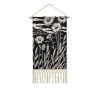 Jubonexis Tapisserie murale en lin, noir et blanc, prairie, marguerites, coquelicots, affiche murale vintage avec pompon et tige de suspension en bois