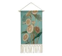 Jubonexis Tapisserie murale en lin, racine de lotus avec une douce affiche murale vintage turquoise pâle avec pompon et tige de suspension en bois