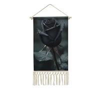 Jubonexis Tapisserie murale en lin, rose noire avec gouttelettes d'eau, affiche murale gothique vintage avec pompon et tige de suspension en bois