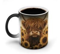 Jubonexis Tasse à café en céramique à changement de couleur changeante avec motif vache des Highlands dans un champ de tournesols 325 ml