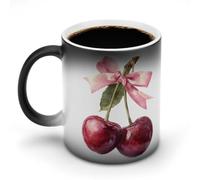 Jubonexis Tasse à café en céramique à couleur changeante avec motifs de cerises mignonnes avec nœuds roses - 325 ml