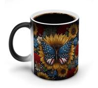 Jubonexis Tasse à café en céramique avec drapeau blanc et bleu - Motif papillon et tournesols - Changement de couleur - 325 ml