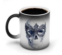 Jubonexis Tasse à café en céramique avec motif tête de mort humaine avec masque de mascarade en dentelle noire changeant de couleur - 325 ml