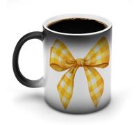 Jubonexis Tasse à café en céramique avec nœud en ruban jaune à carreaux changeants de couleur - 325 ml