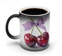 Jubonexis Tasse à café fantaisie en céramique avec deux cerises à carreaux violets et blancs, nœud en ruban, 325 ml