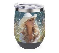 Jubonexis Tasse à vin isotherme en acier inoxydable à double paroi avec couvercle - Cowgirl occidentale avec longs cheveux blonds - 355 ml
