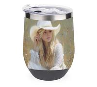 Jubonexis Tasse à vin isotherme en acier inoxydable à double paroi avec couvercle de cowgirl occidentale et chapeau de cowgirl blanc, 355 ml