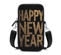Jubonexis Texte doré brillant Happy New Year Sac à bandoulière pour téléphone portable Smartphone avec sangle réglable Noir