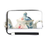 Jubonexis Théière en porcelaine avec motif roses en cuir synthétique - Portefeuille long à deux volets - Porte-monnaie - Porte-monnaie - Porte-cartes - Stockage d'argent pour homme et femme