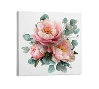 Jubonexis Toile murale aquarelle bouquet de pivoines roses - Peinture esthétique pour salon, maison de ferme - Sans cadre - 40 x 40 cm