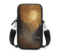 Jubonexis Tranquil Mountain Golden Full Moon Sac à bandoulière pour téléphone portable et smartphone avec sangle réglable Noir