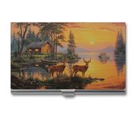 Jubonexis Two Deer Old Log Cabin Boat Docked Sunset Card Holder Pocket Slim Metal Card Case for Women Men