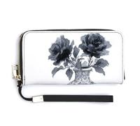 Jubonexis Vase noir effrayant avec roses d'Halloween en cuir synthétique long portefeuille à deux volets, porte-monnaie, carte de crédit, porte-cartes, stockage d'argent pour homme et femme