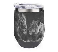 Jubonexis Verre à vin en acier inoxydable à double paroi avec couvercle Motif lion et lionne 355 ml