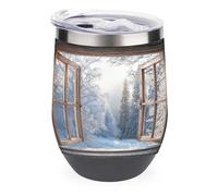 Jubonexis Verre à vin en acier inoxydable à double paroi avec couvercle Motif paysage d'hiver et forêt enneigée 355 ml
