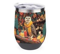 Jubonexis Verre à vin vintage en forme de hibou perché sur un chariot de bar en acier inoxydable, tasse à eau à double paroi avec couvercle, 355 ml