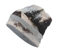 Jubonexis Vintage Old Log Cabin in The Snowy Mountain Adult Knitted Hat Pullover Cap Soft Comfortable Hats for Men Women White