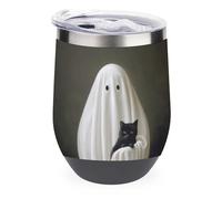 Jubonexis White Sheet Ghost Holding Black Cat Vintage Verre à vin isotherme en acier inoxydable Tasse à eau à double paroi avec couvercle 355 ml