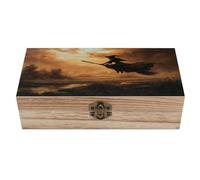 Jubonexis Witch Flying on Her Boîte de rangement en bois avec couvercle à charnière et fermoir à l'avant Grande boîte à souvenirs