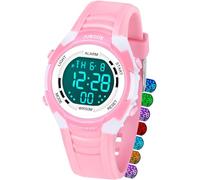 Juboos Montre Enfant avec Bracelet Imprimé et 7 Lumières Colorées,Montre Digitale Étanche pour Enfants avec Oreilles de Chat pour Garçons et Filles de 5 à 15 Ans