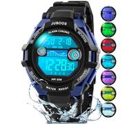 Juboos Montre Enfant avec Bracelet Imprimé et 7 Lumières Colorées,Montre Digitale Étanche pour Enfants avec Oreilles de Chat pour Garçons et Filles de 5 à 12 Ans (Noir Bleu)
