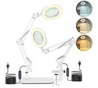 Jubor 2 en 1 Lampe de Bureau Loupe, Jubor 15X 10X Loupe avec Lumière et Support, Lampe de Bureau avec 3 Modes de Couleurs Réglables pour Lecture, Réparation, Artisanat