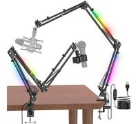 Jubor Bras de Micro avec Lumière RVB, Bras Micro Pieds Réglable de Bureau avec Adaptateur 1/4" à 5/8", Suspension Supports de Microphone avec Pince pour TikTok, Streaming, Studio Enregistrement