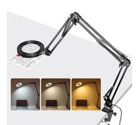 Jubor Lampe de Bureau Loupe, 10X 15X Loupe avec Lumière et Support, Lampe de Bureau avec 3 Bras Pivotant et 3 Modes de Couleurs Réglable pour Lecture, Réparation, Artisanat