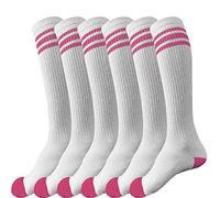 juDanzy Lot de 3 paires de chaussettes montantes pour garçons ou filles à triple rayure pour football, basket-ball, baseball et usage quotidien, Blanc avec rayures roses, 6-10 ans