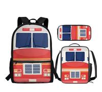 JUDENTIDOS Ensemble de 3 sacs à dos d'école primaire pour garçons avec boîte à déjeuner, trousse à crayons, cartable, sac à dos pour la rentrée scolaire, Bus scolaire rouge